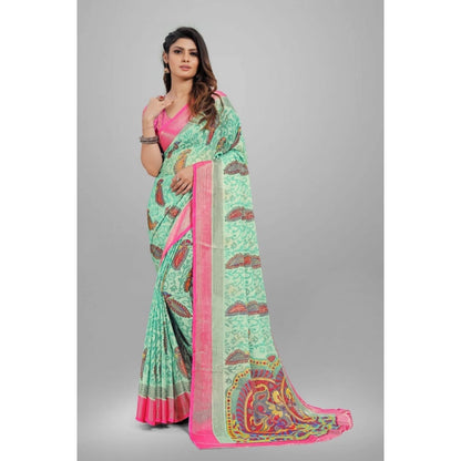 pkrkart Women's Viscose Rayon Printed Saree With Unstitched Blouse (Teal)