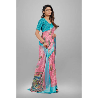 pkrkart Women's Viscose Rayon Printed Saree With Unstitched Blouse (Pink)