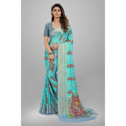 pkrkart Women's Viscose Rayon Printed Saree With Unstitched Blouse (Sky Blue)