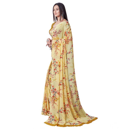 pkrkart Women's Georgette Printed Saree With Unstitched Blouse (Yellow)