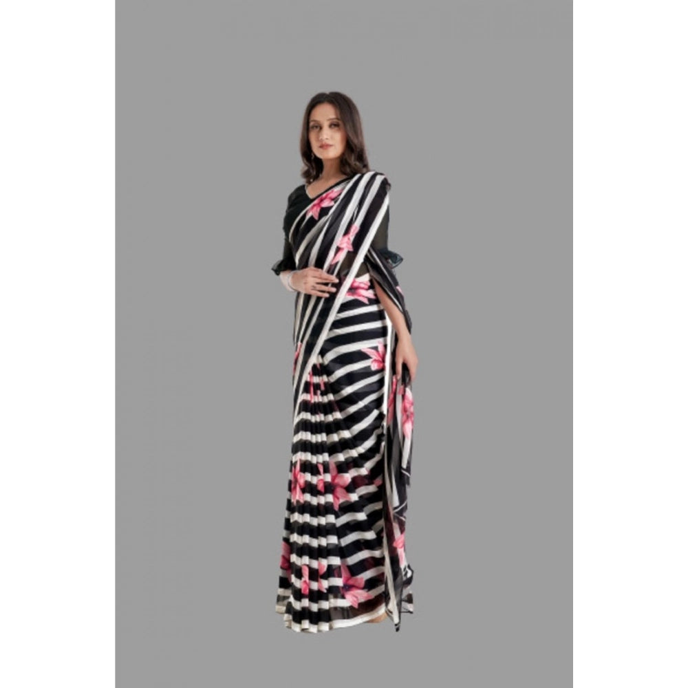 pkrkart Women's Georgette Printed Saree With Unstitched Blouse (Black)