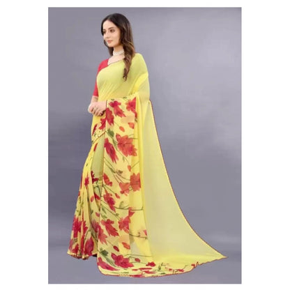 pkrkart Women's Georgette Printed Saree With Unstitched Blouse (Yellow)
