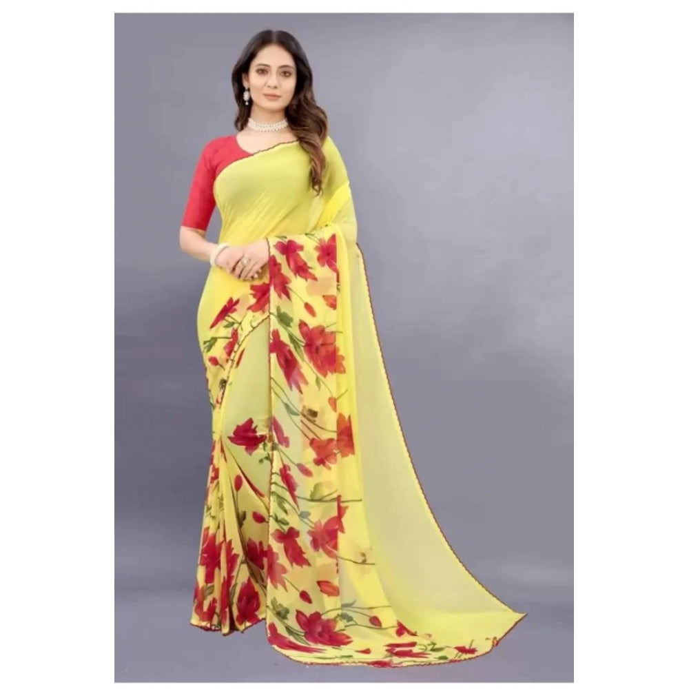 pkrkart Women's Georgette Printed Saree With Unstitched Blouse (Yellow)