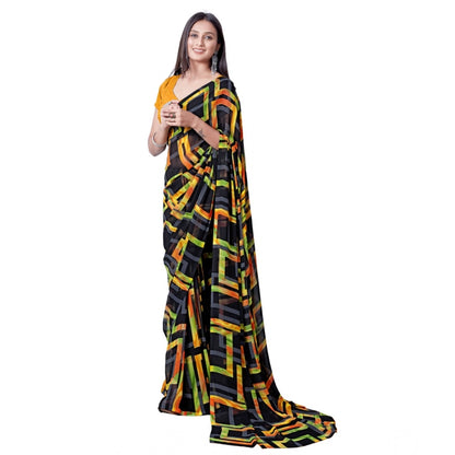 pkrkart Women's Georgette Printed Saree With Unstitched Blouse (Yellow)