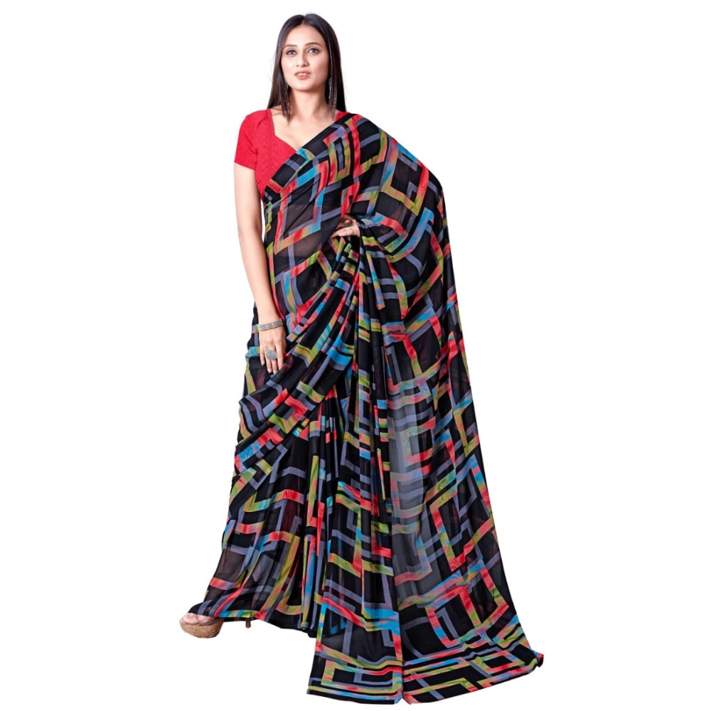 pkrkart Women's Georgette Printed Saree With Unstitched Blouse (Red)