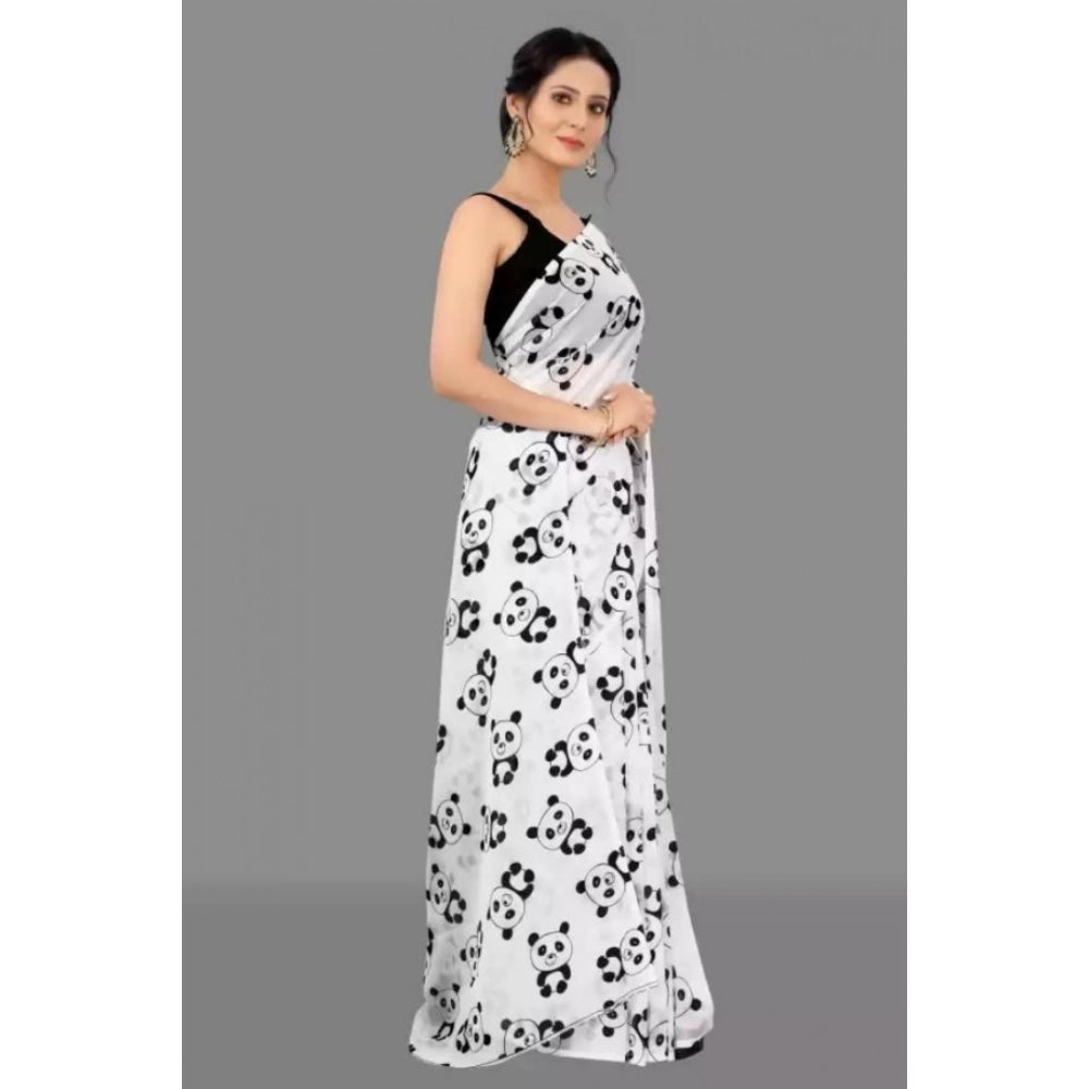 pkrkart Women's Georgette Printed Saree With Unstitched Blouse (White)