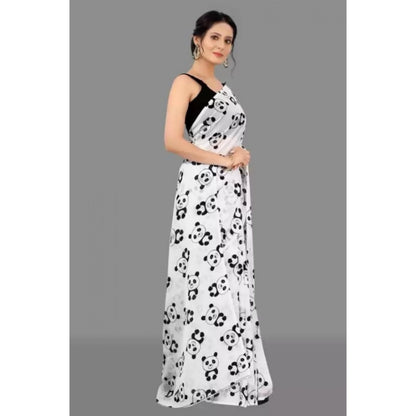 pkrkart Women's Georgette Printed Saree With Unstitched Blouse (White)