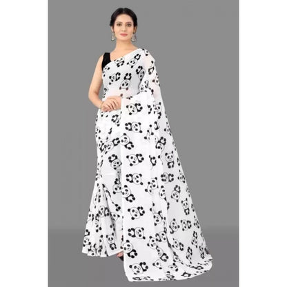 pkrkart Women's Georgette Printed Saree With Unstitched Blouse (White)