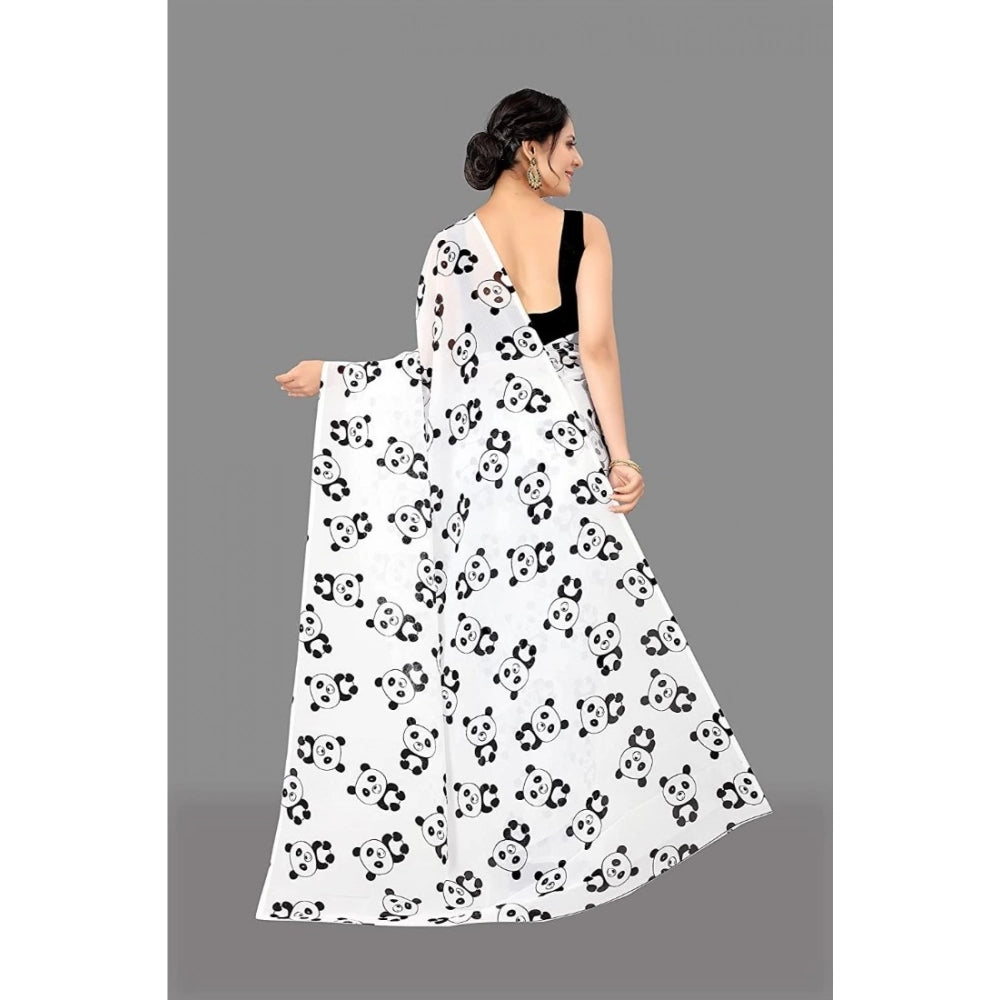 pkrkart Women's Georgette Printed Saree With Unstitched Blouse (White)