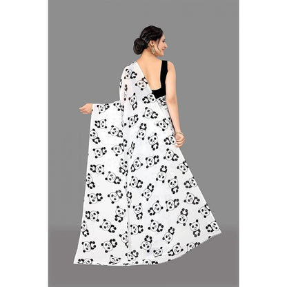 pkrkart Women's Georgette Printed Saree With Unstitched Blouse (White)
