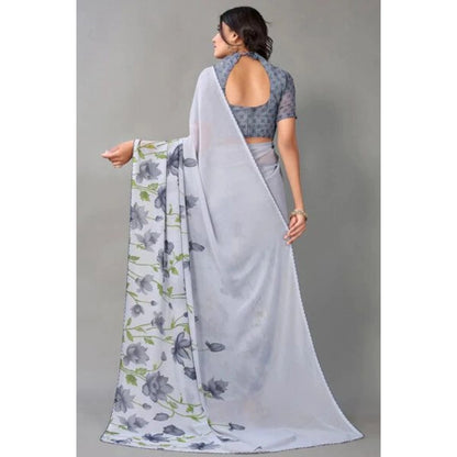 pkrkart Women's Georgette Printed Saree With Unstitched Blouse (Grey)