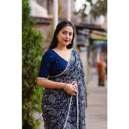pkrkart Women's Georgette Printed Saree With Unstitched Blouse (Navyblue)