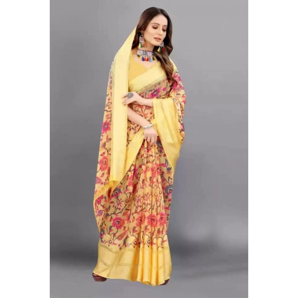 pkrkart Women's Satin Patta Printed Saree With Unstitched Blouse (Yellow)
