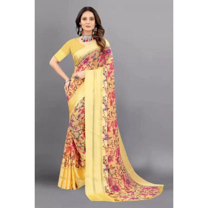 pkrkart Women's Satin Patta Printed Saree With Unstitched Blouse (Yellow)