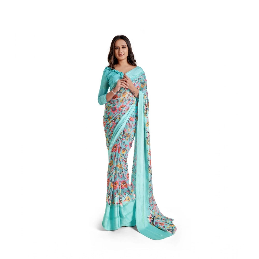 pkrkart Women's Satin Patta Printed Saree With Unstitched Blouse (Skyblue)