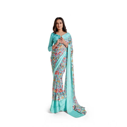 pkrkart Women's Satin Patta Printed Saree With Unstitched Blouse (Skyblue)