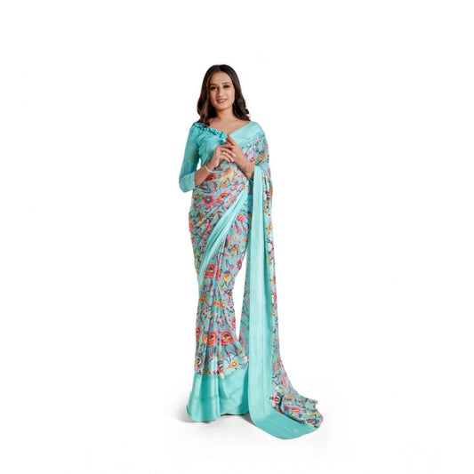 pkrkart Women's Satin Patta Printed Saree With Unstitched Blouse (Skyblue)