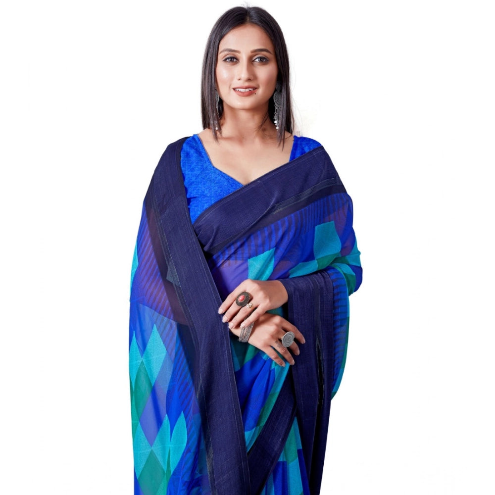 pkrkart Women's Satin Patta Printed Saree With Unstitched Blouse (Skyblue)