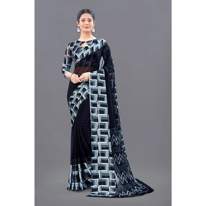 pkrkart Women's Satin Patta Printed Saree With Unstitched Blouse (Black)