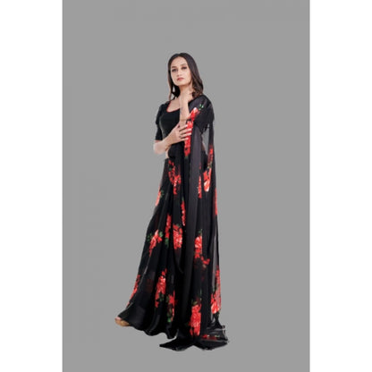 pkrkart Women's Satin Patta Printed Saree With Unstitched Blouse (Red)