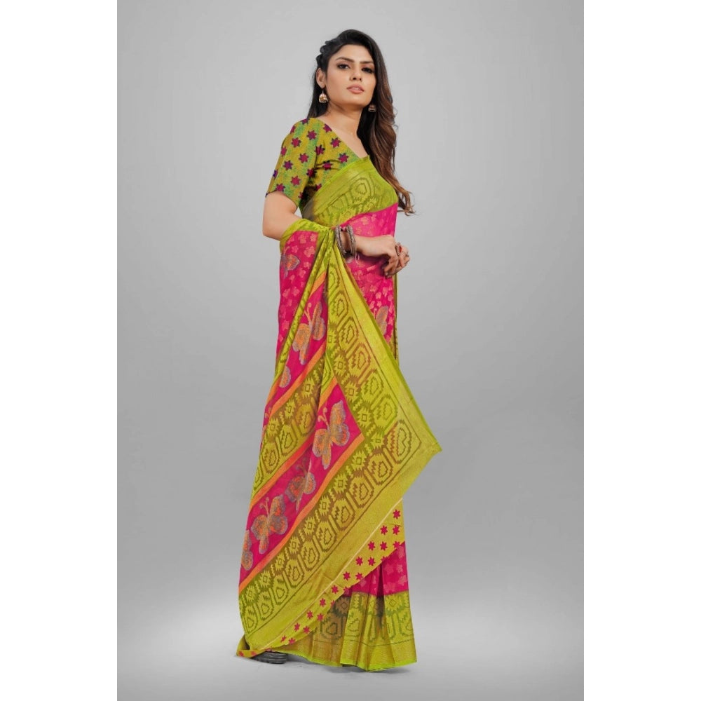 pkrkart Women's Viscose Rayon Printed Saree With Unstitched Blouse (Pink)
