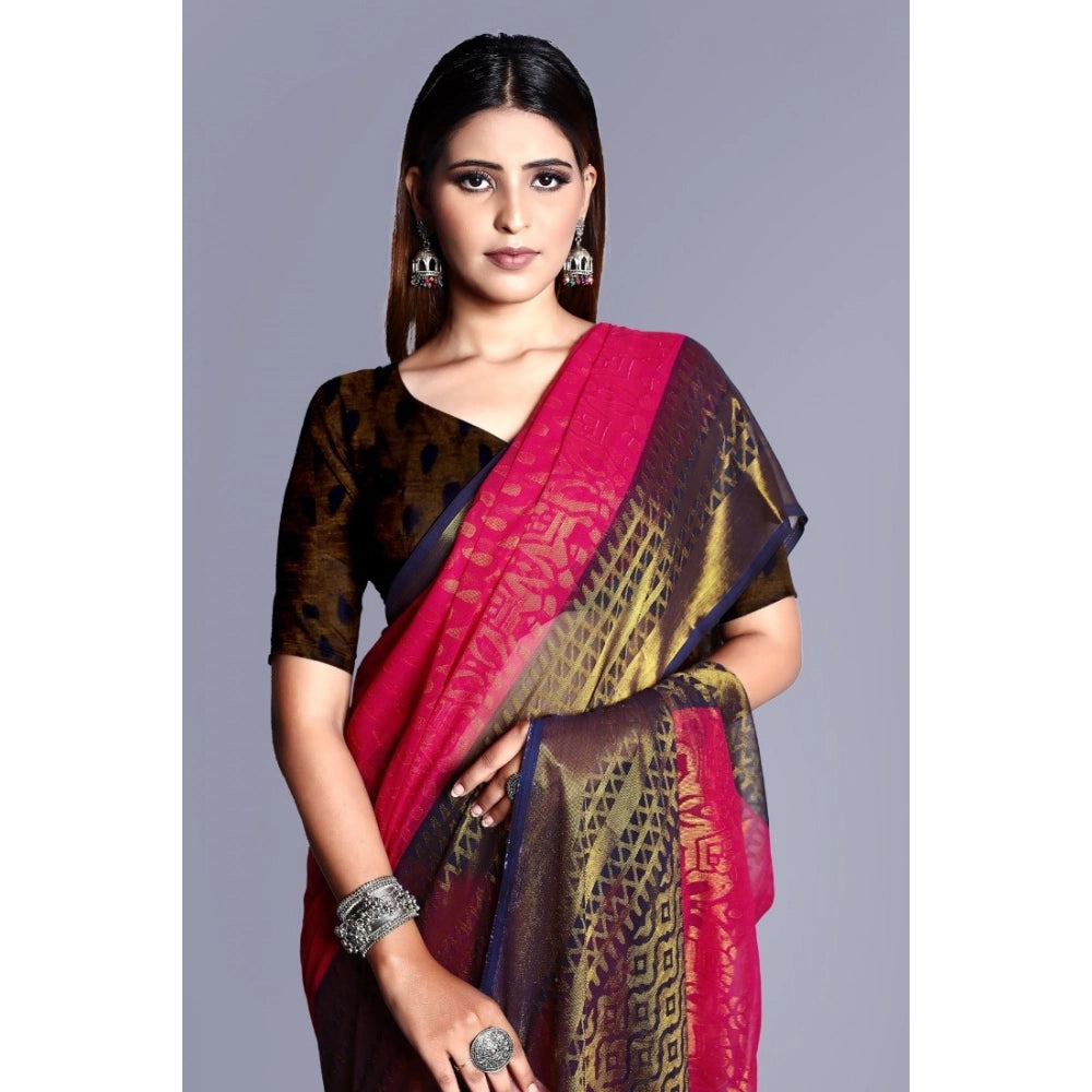 pkrkart Women's Viscose Rayon Printed Saree With Unstitched Blouse (Pink)