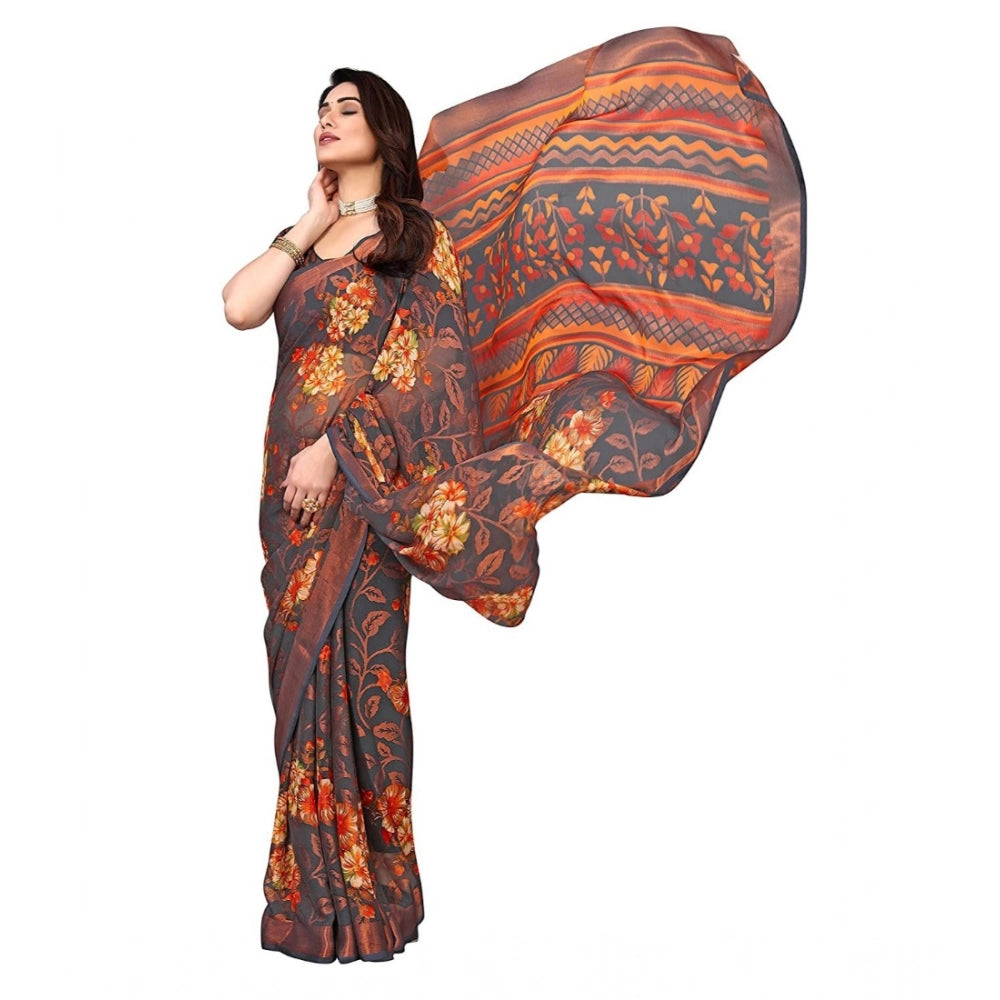 pkrkart Women's Viscose Rayon Printed Saree With Unstitched Blouse (Grey)