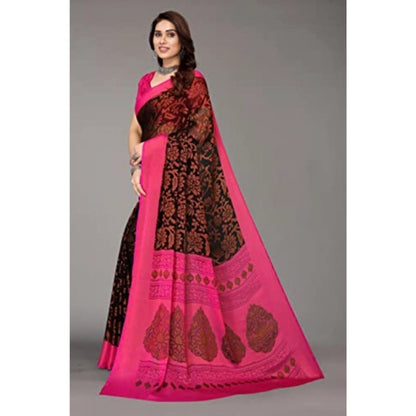 pkrkart Women's Viscose Rayon Printed Saree With Unstitched Blouse (Black)