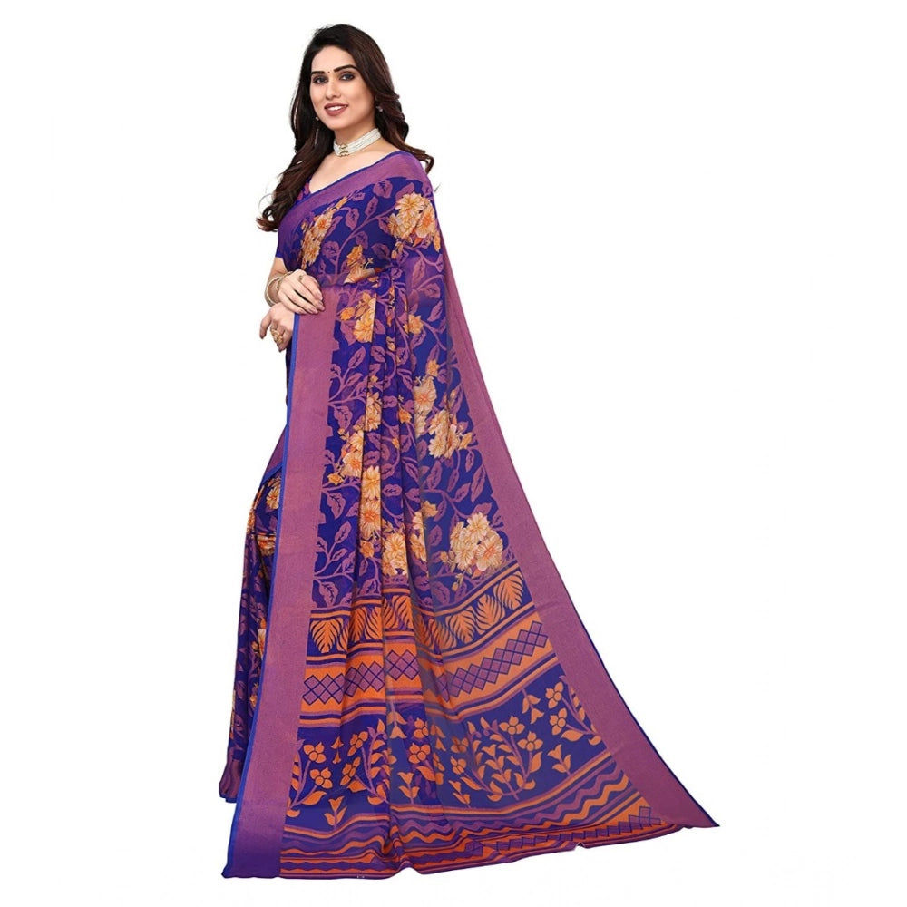 pkrkart Women's Viscose Rayon Printed Saree With Unstitched Blouse (Blue)