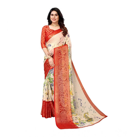 pkrkart Women's Viscose Rayon Printed Saree With Unstitched Blouse (Red)