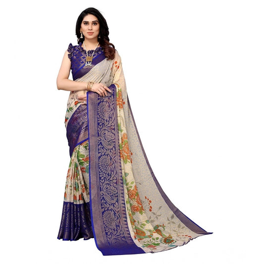 pkrkart Women's Viscose Rayon Printed Saree With Unstitched Blouse (Blue)