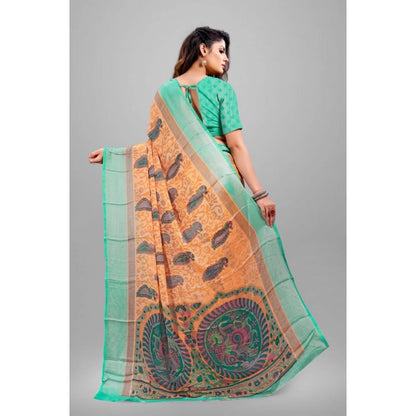 pkrkart Women's Viscose Rayon Printed Saree With Unstitched Blouse (Orange)