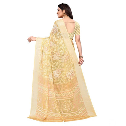 pkrkart Women's Viscose Rayon Printed Saree With Unstitched Blouse (Yellow)