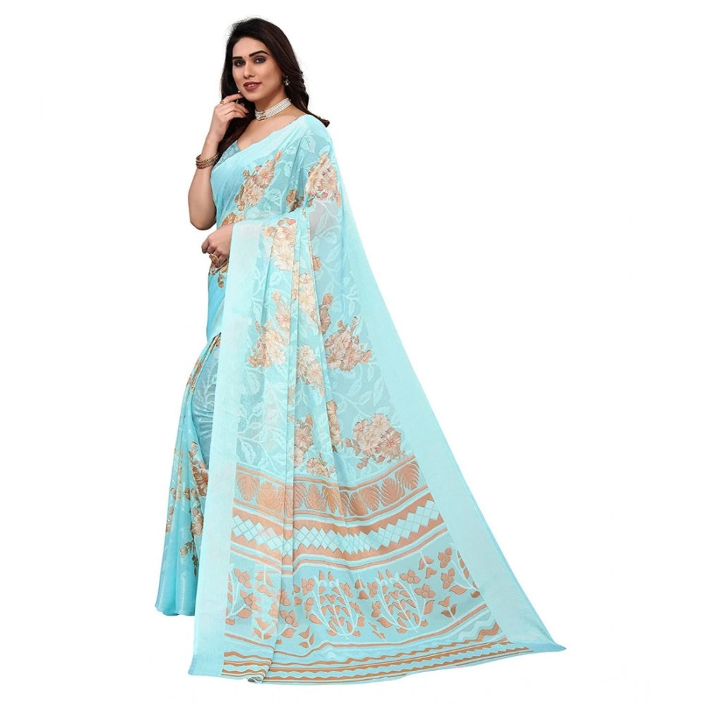 pkrkart Women's Viscose Rayon Printed Saree With Unstitched Blouse (Sky Blue)