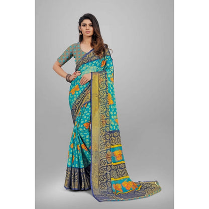 pkrkart Women's Viscose Rayon Printed Saree With Unstitched Blouse (Sky Blue)