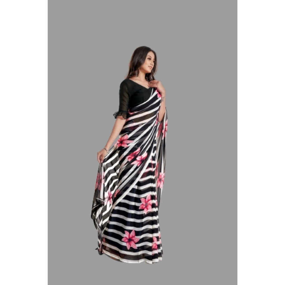 pkrkart Women's Georgette Printed Saree With Unstitched Blouse (Black)