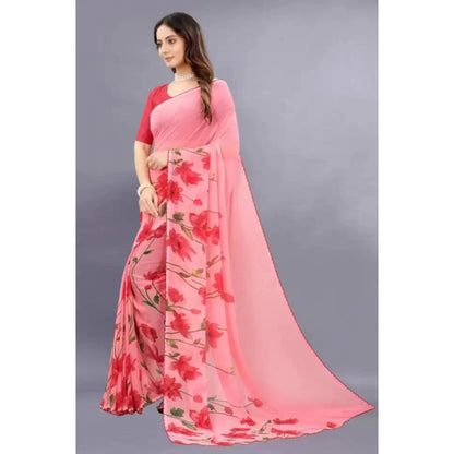 pkrkart Women's Georgette Printed Saree With Unstitched Blouse (Red)