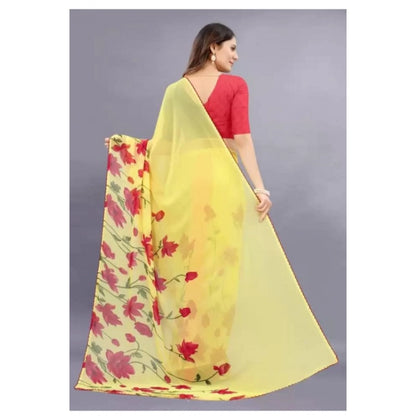 pkrkart Women's Georgette Printed Saree With Unstitched Blouse (Yellow)