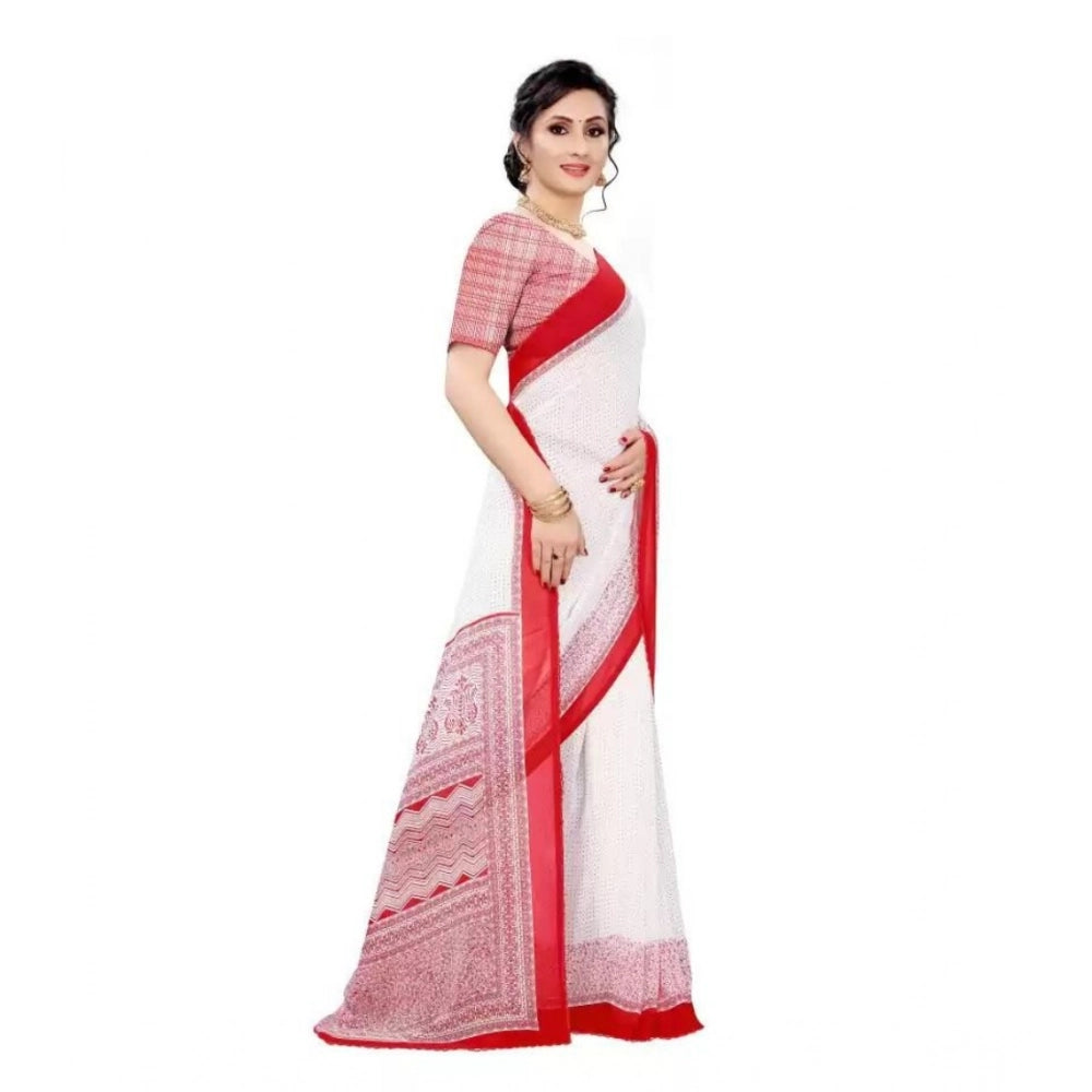 pkrkart Women's Georgette Printed Saree With Unstitched Blouse (Red)