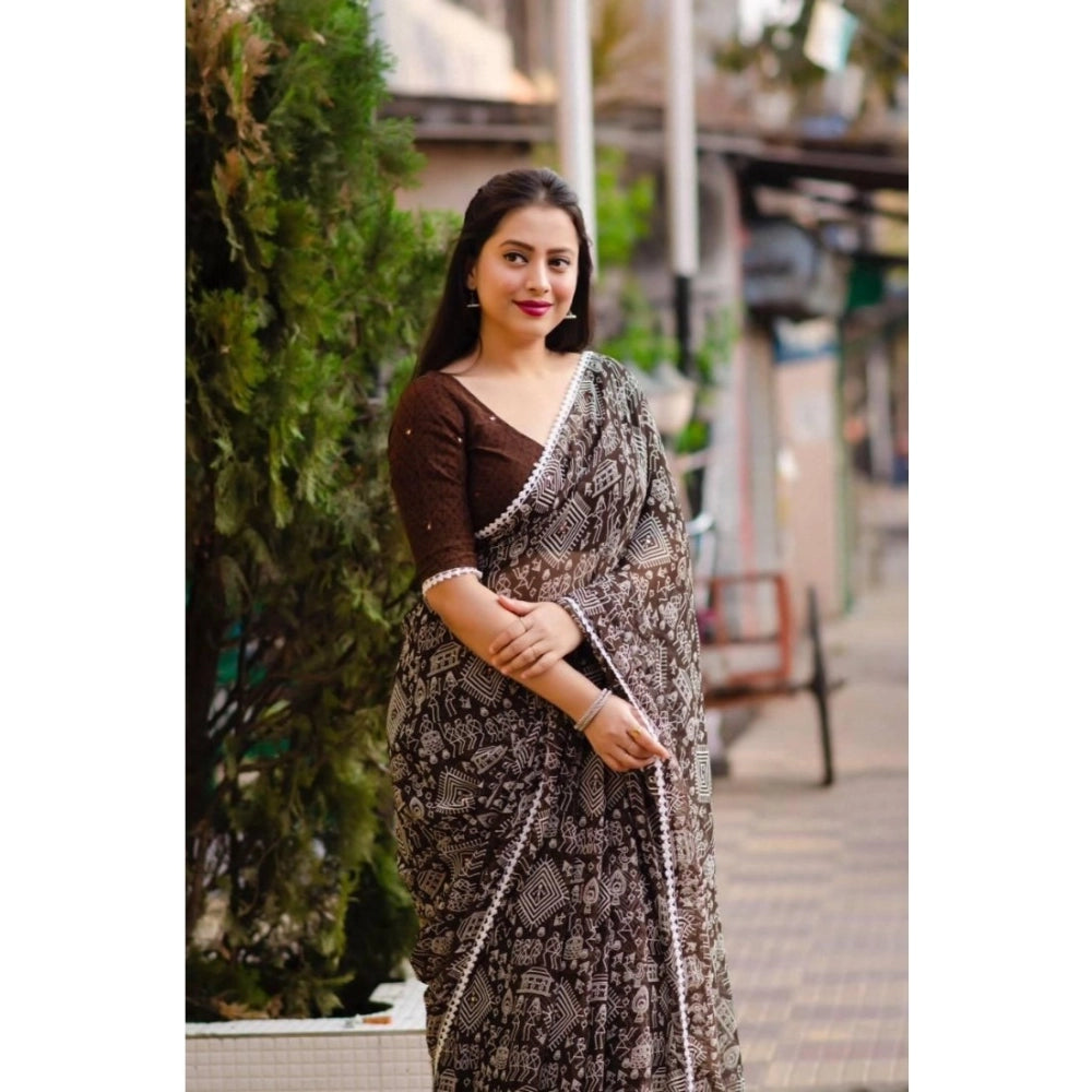 pkrkart Women's Georgette Printed Saree With Unstitched Blouse (Brown)