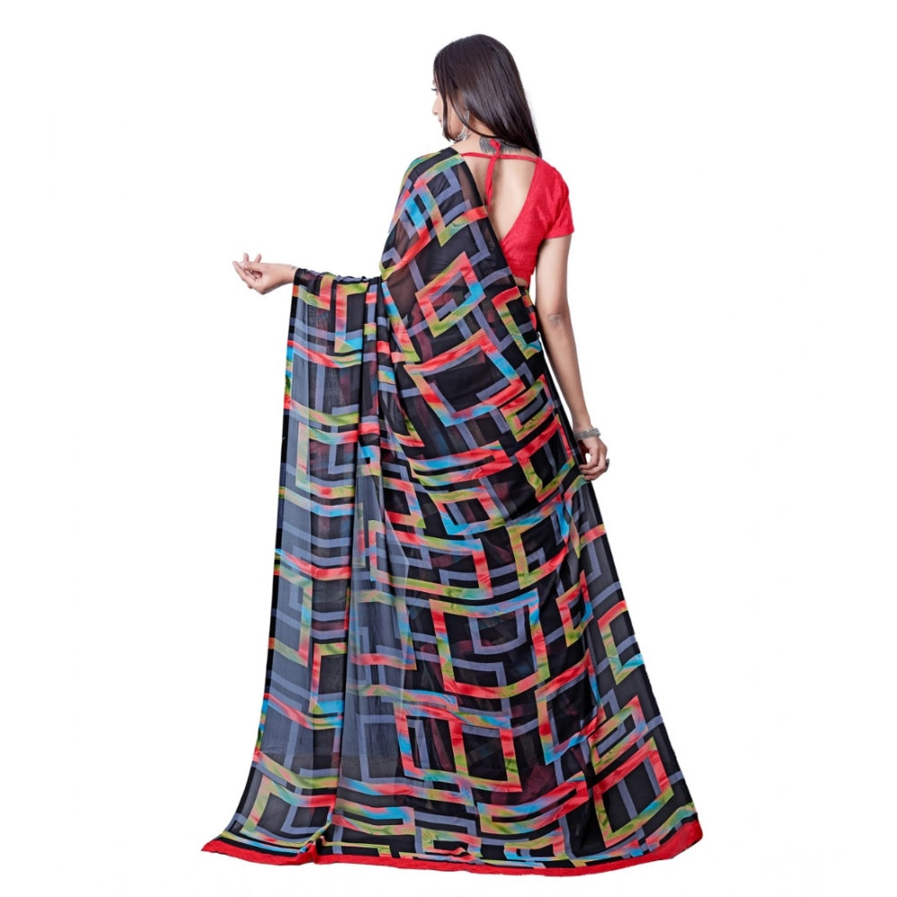 pkrkart Women's Georgette Printed Saree With Unstitched Blouse (Red)
