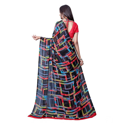pkrkart Women's Georgette Printed Saree With Unstitched Blouse (Red)