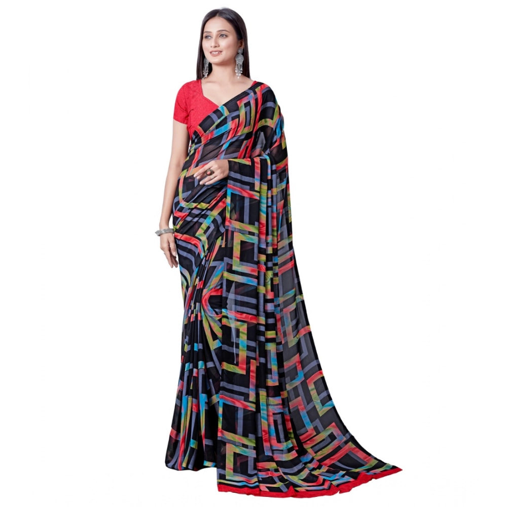 pkrkart Women's Georgette Printed Saree With Unstitched Blouse (Red)