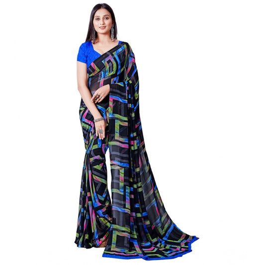 pkrkart Women's Georgette Printed Saree With Unstitched Blouse (Blue)