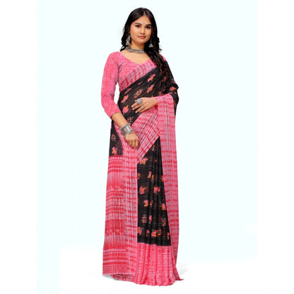 pkrkart Women's Georgette Printed Saree With Unstitched Blouse (Pink)