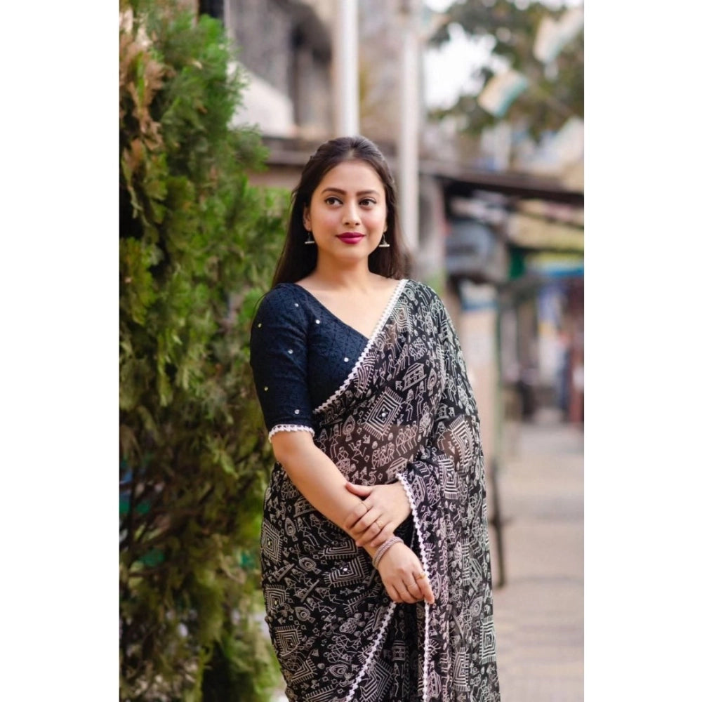 pkrkart Women's Georgette Printed Saree With Unstitched Blouse (Black)