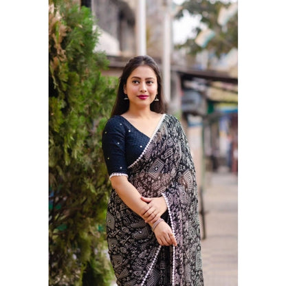 pkrkart Women's Georgette Printed Saree With Unstitched Blouse (Black)