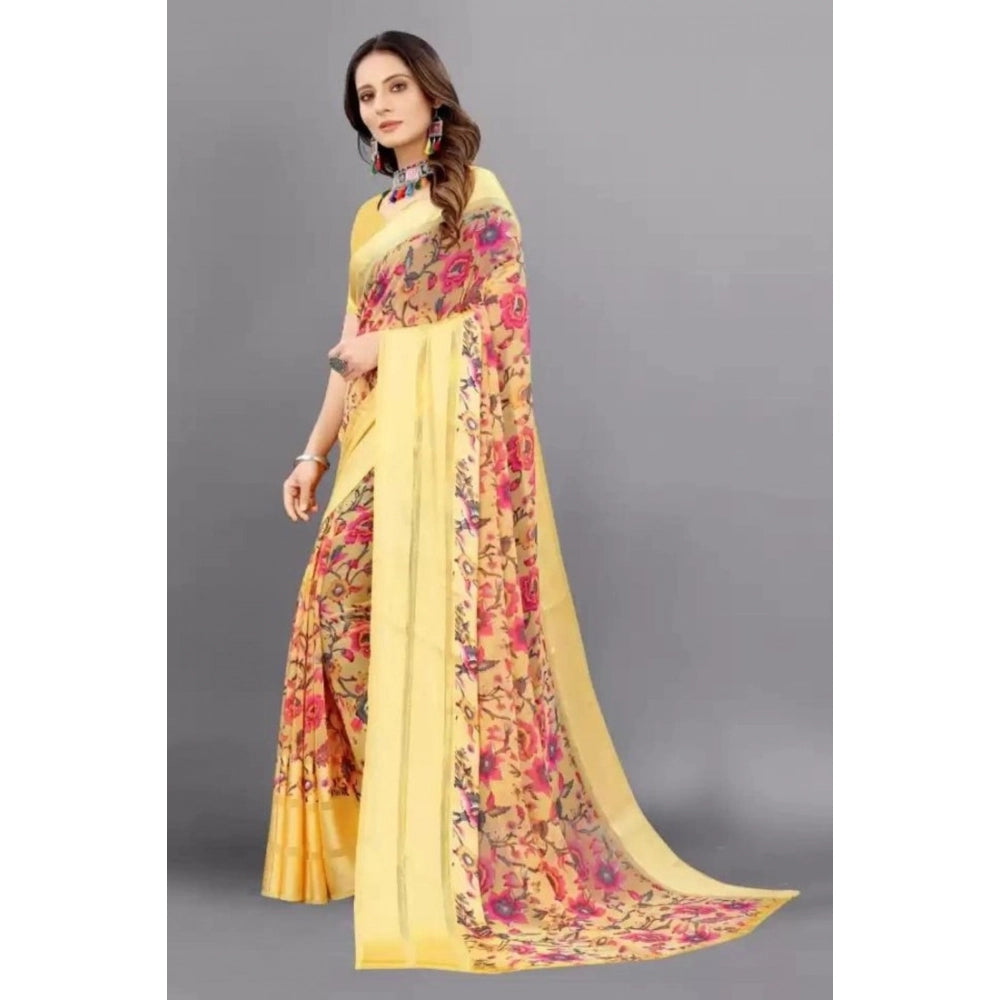 pkrkart Women's Satin Patta Printed Saree With Unstitched Blouse (Yellow)