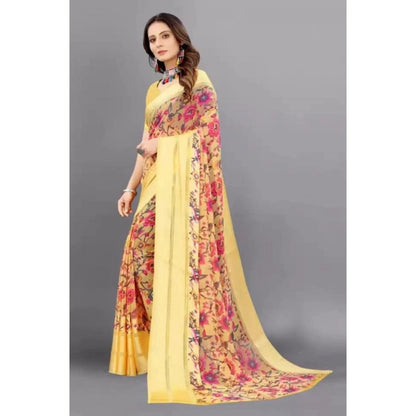 pkrkart Women's Satin Patta Printed Saree With Unstitched Blouse (Yellow)
