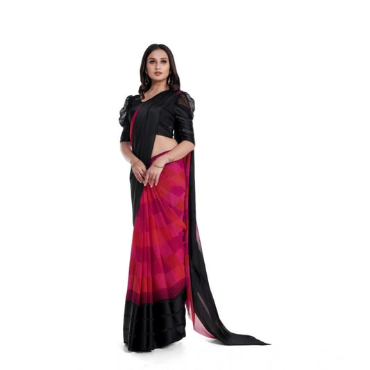 pkrkart Women's Satin Patta Printed Saree With Unstitched Blouse (Pink)